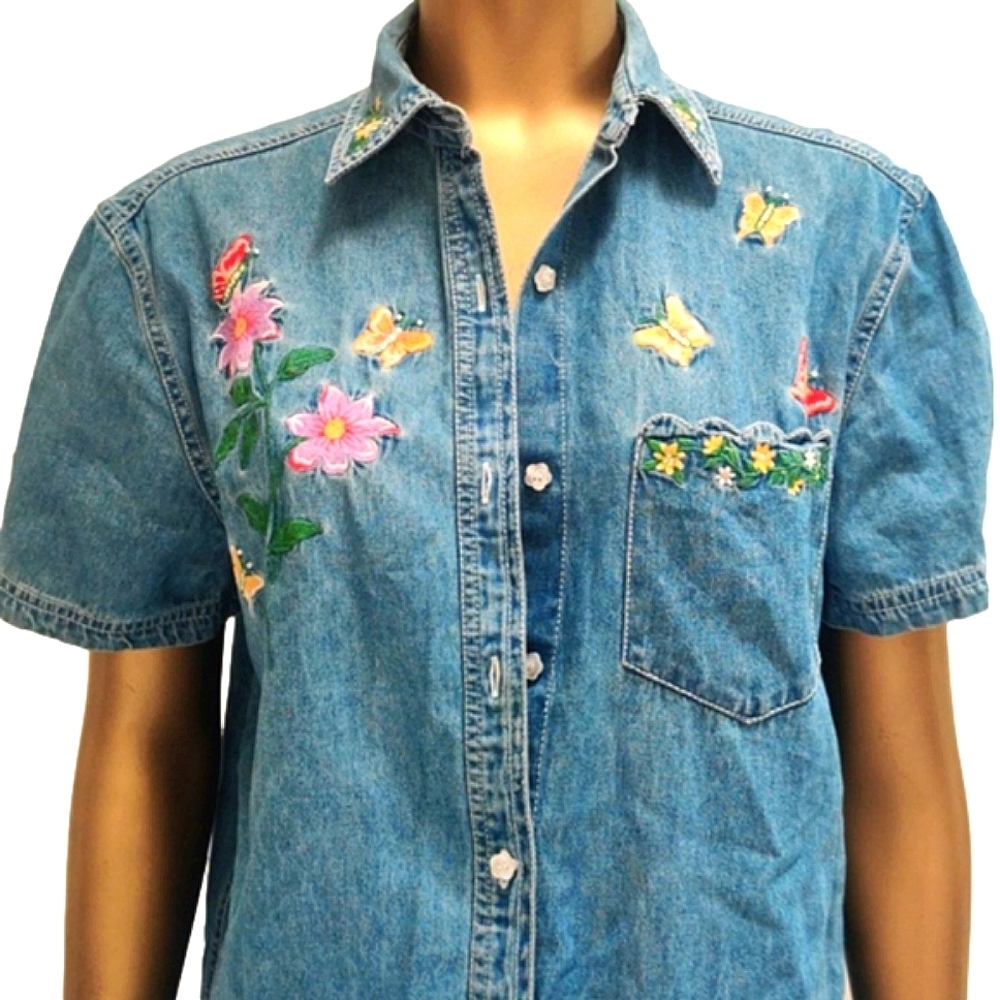 Embroidered Denim Shirt | Boho Western Butterfly Floral S